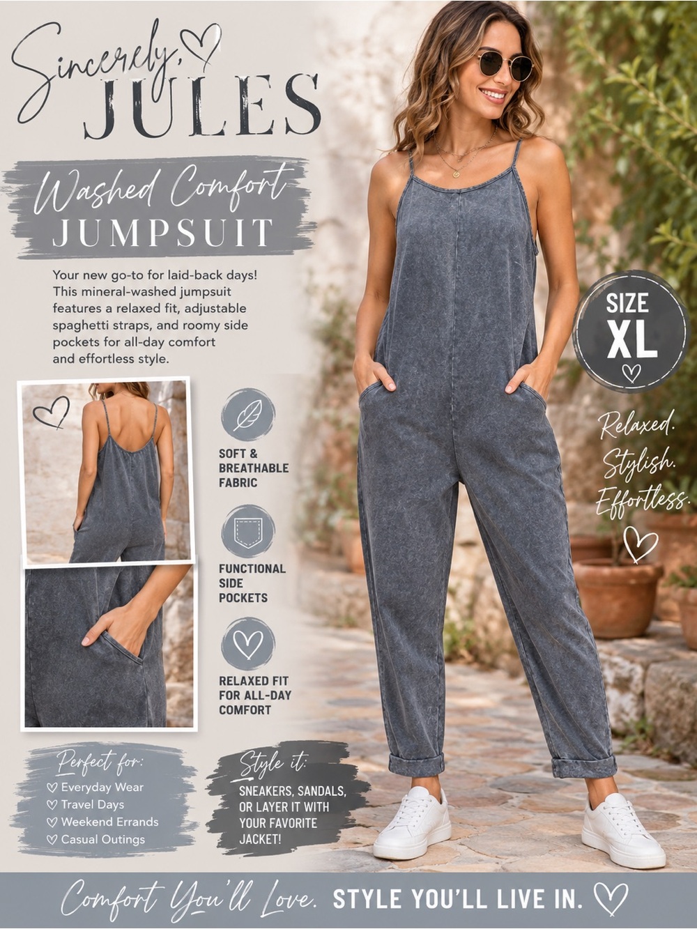 Sincerely Jules Mineral-Washed Spaghetti-Strap Jumpsuit in Gray nwt xl